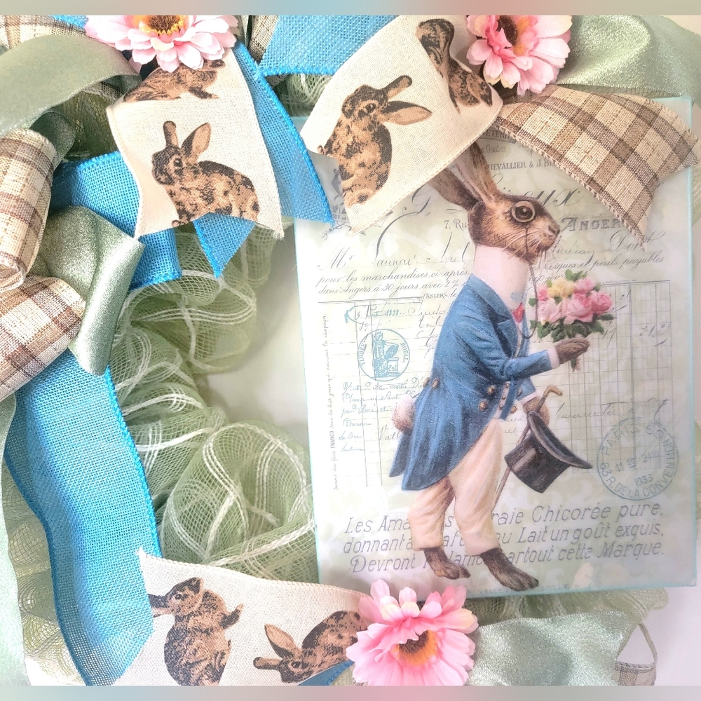 Victorian Gentleman Easter Bunny Wreath Rabbit Deco Mesh Bows Greens Blues Pinks - Picture 2 of 8